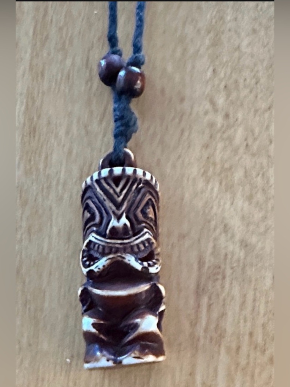Handcrafted Faux Wood Tiki Totem Cord Pendant Necklace